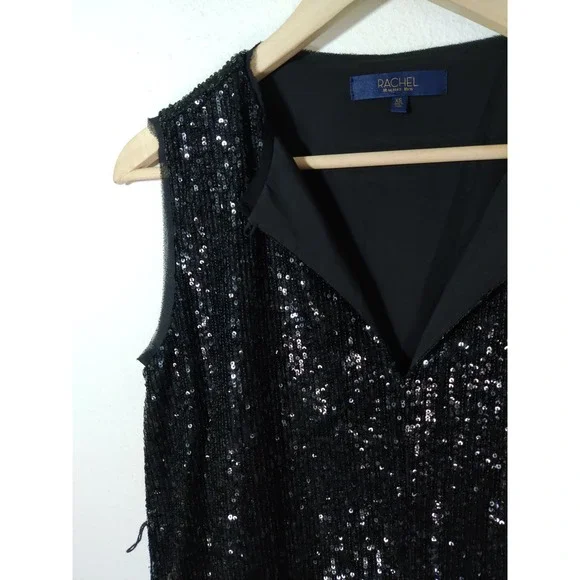 3/20 RACHEL Rachel Roy Black Glitter Sleeveless Keyhole Neck Shift Mini Dress XS - Picture 5 of 10